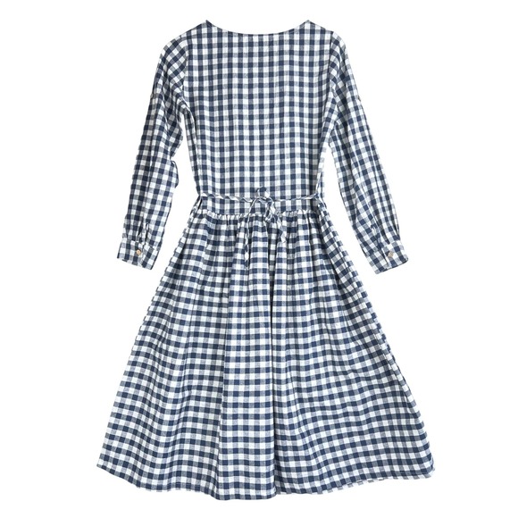 Navy Blue White Gingham Checkered Linen Blend Midi Dress Lagenlook Tie Back - Picture 2 of 9